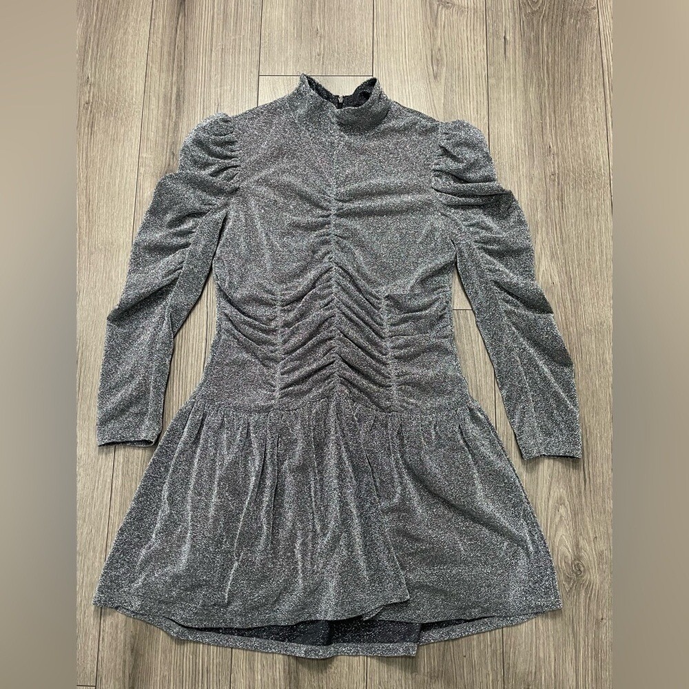 Rebecca Taylor Silver Ruched Jersey Lurex Dress Sz M
